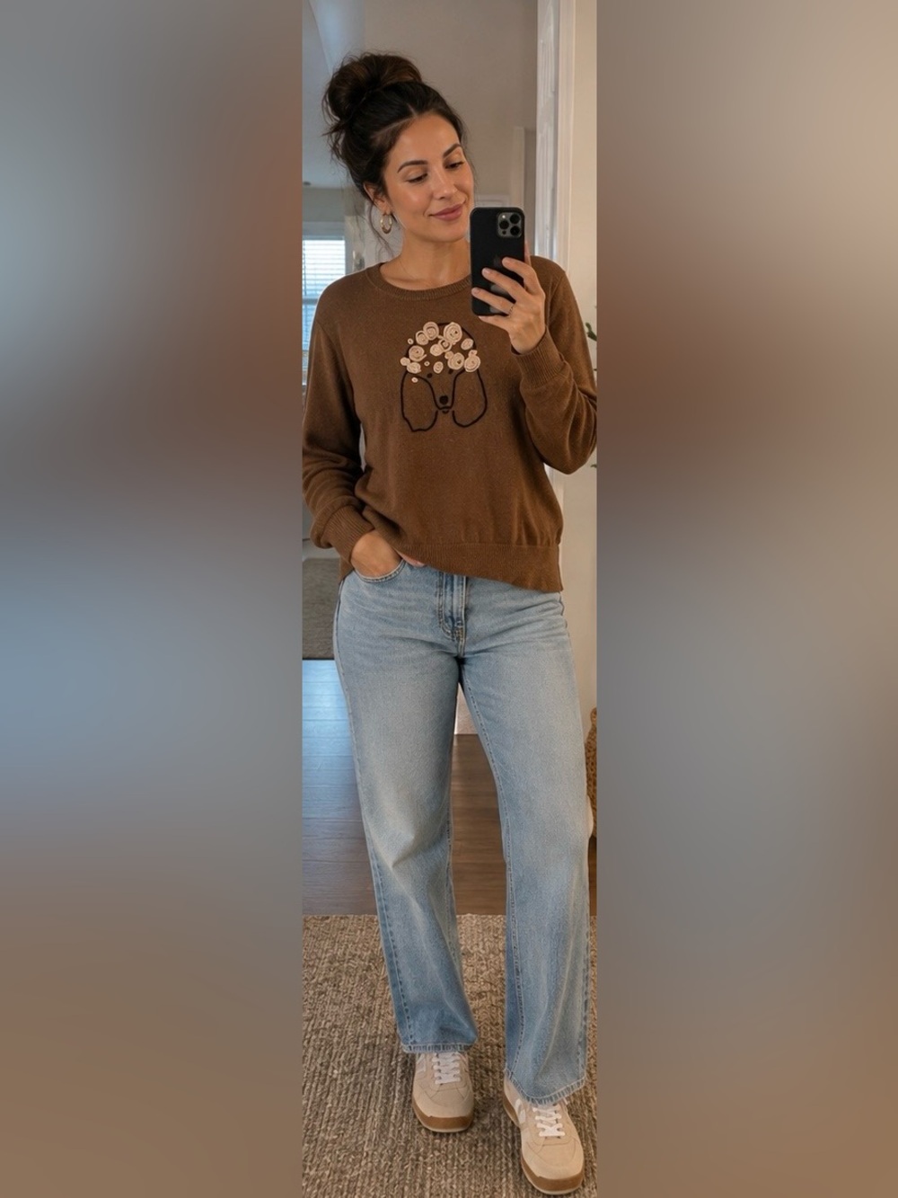 J. Crew Mercantile Women's Brown poodle Crewneck Sweater with Floral Appliqué